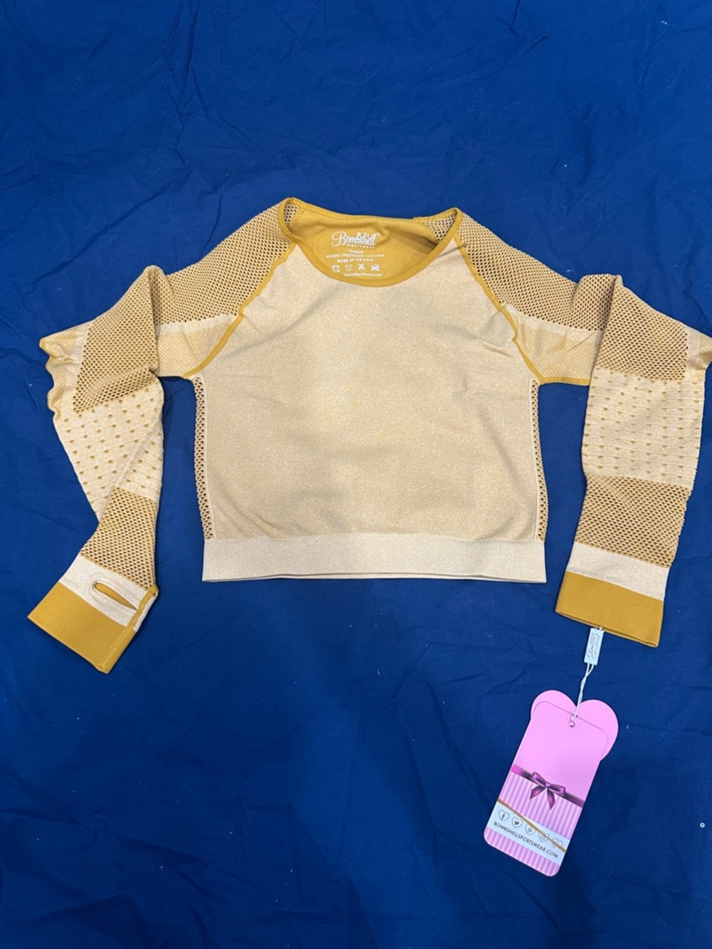 Bombshell Sportswear Kids Long-Sleeve Mesh Detail Top in Mustard size M/L